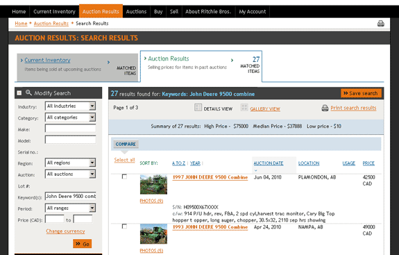 Search auction results